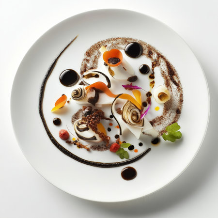 A plate designed to create a sense of movement: ingredients arranged in a swirling or dynamic pattern, perhaps with a sauce that flows gracefully, adding a sense of energy and visual dynamism to the dish, and capturing the eye and imagination, isolated on clean white background.の素材