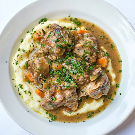 A plate of braised rabbit with white wine and herbs, featuring tender rabbit pieces braised in a flavorful white wine sauce with garlic, onions, carrots, celery, thyme, and bay leaves, served with creamy polenta, mashed potatoes, or egg noodles, and garnished with fresh parsley and a drizzle of olive oil, showing the delicate flavor of rabbit and the aromatic herb infusion, artfully arranged on a white plate, ready to be enjoyed as a classic French dish, isolated on a clean white background.の素材