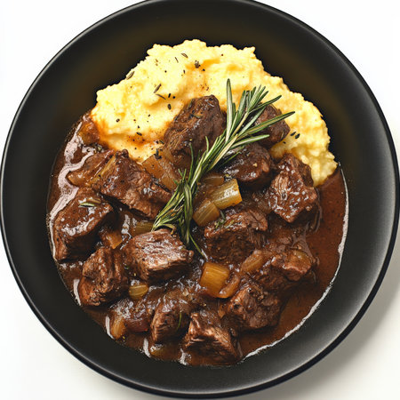 A plate of braised wild boar with juniper berries and red wine, featuring tender chunks of wild boar meat, braised slowly in a rich red wine sauce, infused with the aromatic flavors of juniper berries, rosemary, thyme, garlic, and onions, resulting in a hearty and flavorful stew, served with a side of creamy polenta or mashed potatoes, and garnished with fresh rosemary sprigs, arranged artistically on a black plate, isolated on clean white background.の素材