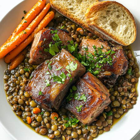 A plate of braised pork belly with lentils and carrots, featuring tender pieces of pork belly, slow-braised until meltingly soft and caramelized, served with a bed of green lentils and tender carrots, infused with herbs and a touch of Dijon mustard, showing the comforting and hearty flavors of French home cooking, accompanied by crusty bread for soaking up the delicious braising liquid, and garnished with fresh parsley and a drizzle of olive oil, isolated on a clean white background.の素材