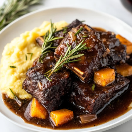 A plate of braised short ribs with red wine and rosemary, featuring tender beef short ribs braised in a rich red wine sauce with rosemary, garlic, onions, carrots, and celery, served over a bed of creamy polenta or mashed sweet potatoes, and garnished with fresh rosemary sprigs and a drizzle of olive oil, showing the depth of flavor and comforting appeal, arranged elegantly on a white plate, isolated on clean white background.の素材