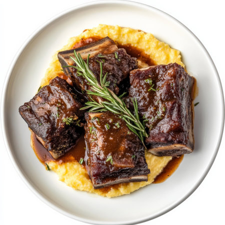 A plate of braised short ribs with polenta, featuring tender braised short ribs cooked in a rich red wine sauce, served over creamy polenta and garnished with fresh rosemary, a hearty and comforting Italian dish, isolated on clean white background.の素材