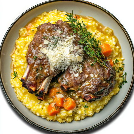 A plate of braised veal shank with saffron risotto alla Milanese, featuring tender veal shanks, braised slowly in a white wine sauce with vegetables, herbs, and a hint of saffron, served over a bed of creamy saffron risotto, cooked to perfection with butter, parmesan cheese, and vegetable broth, a classic Lombardy dish, showing the elegance and sophistication of northern Italian cuisine, garnished with a sprinkle of grated parmesan cheese and a sprig of fresh rosemary, arranged beautifully on a plate, isolated on clean white background.の素材