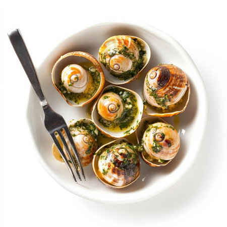 A plate of escargots Ã la Bourguignonne, snails baked in garlic-herb butter, served in their shells with a special escargot fork and tongs, a classic French appetizer, showing the unique flavor and the elegant presentation, isolated on clean white background.の素材