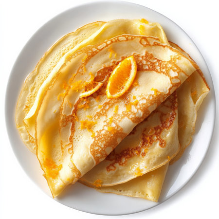 A plate of crÃÂªpes Suzette, thin pancakes flambÃÂ©ed with a sauce of caramelized sugar, butter, orange juice, and Grand Marnier, a classic French dessert, showing the dramatic flambÃÂ© technique and the citrusy flavors, served folded and garnished with orange zest, isolated on clean white background.の素材