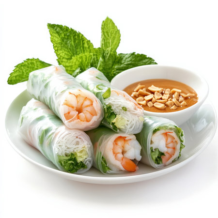 A plate of fresh spring rolls wrapped in rice paper, filled with shrimp, vermicelli noodles, lettuce, and mint, served with a peanut dipping sauce. A healthy and refreshing appetizer. Isolated on clean white backgroundの素材