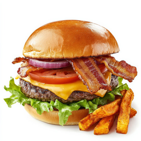 A gourmet burger with a juicy beef patty, melted cheddar cheese, crispy bacon, lettuce, tomato, red onion, and a toasted brioche bun, served with a side of sweet potato fries. Isolated on clean white backgroundの素材
