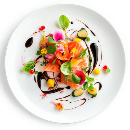 A plate designed to create a sense of movement: ingredients arranged in a swirling or dynamic pattern, perhaps with a sauce that flows gracefully, adding a sense of energy and visual dynamism to the dish, and capturing the eye and imagination, isolated on clean white background.の素材