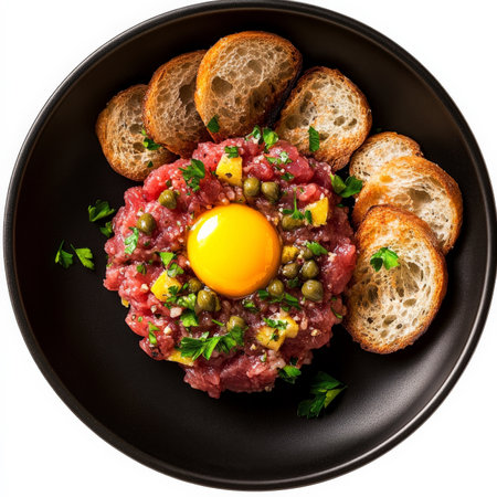 A plate of beef tartare Ã la franÃÂ§aise, featuring high-quality, finely chopped raw beef, seasoned with Dijon mustard, shallots, capers, gherkins, parsley, and other aromatic herbs, and topped with a raw egg yolk in the center, and toasted baguette slices, or crostini, showing the freshness of the ingredients, and the bold and complex flavors, prepared with precision and elegance, arranged artistically on a black plate, and ready to be enjoyed as a classic French appetizer or main course, by those who appreciate the raw preparation, isolated on a clean white background.の素材