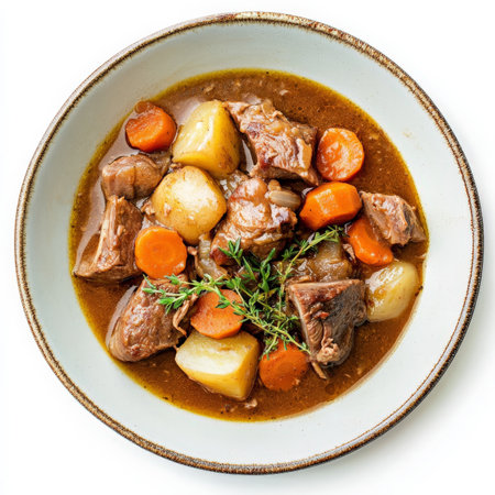 A plate of navarin d'agneau, a rich lamb stew, with lamb shoulder, root vegetables, such as carrots, potatoes, and turnips, and herbs, simmered until tender and flavorful, served in a rustic bowl, showing the hearty and comforting flavors, isolated on a clean white background.の素材