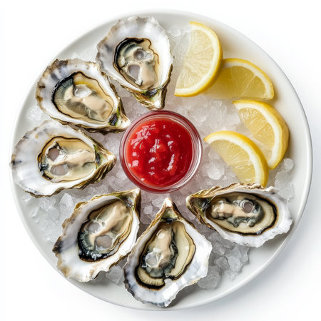 A plate of freshly shucked oysters on a bed of crushed ice, garnished with lemon wedges and a side of cocktail sauce. The oysters glisten with natural brine, ready to be enjoyed. Isolated on clean white backgroundの素材