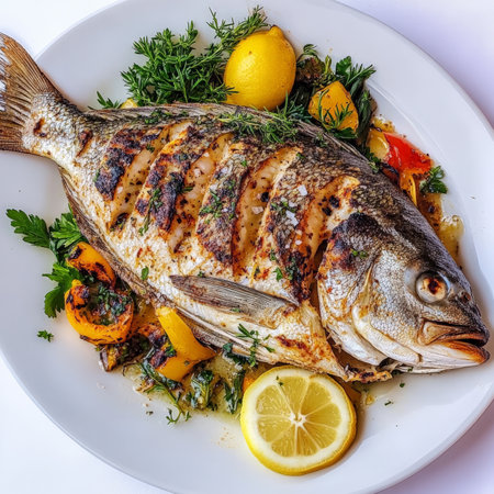 A plate of grilled whole fish with lemon and herbs, featuring a fresh whole fish (such as branzino or sea breath), grilled to perfection and seasoned with salt, pepper, olive oil, lemon slices, and aromatic herbs like rosemary and thyme, served with a side of roasted vegetables or a simple salad, showing the natural flavors of the fish and the beauty of Italian grilling techniques, arranged elegantly on a white platter, and ready to be filled and enjoyed, isolated on a clean white background.の素材