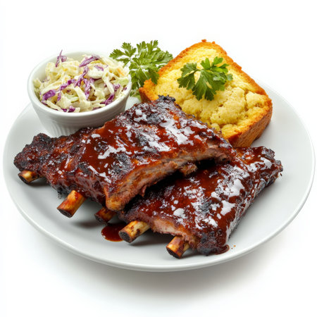 A plate of tender barbecue ribs coated in a smoky, tangy sauce, served with coleslaw and cornbread. A classic American barbecue dish. Isolated on clean white backgroundの素材