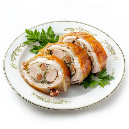 A plate of galantine de volaille, stuffed poultry, typically chicken or duck, served sliced as an appetizer or main course, showing the artistry of preparation and the delicate flavors, isolated on clean white background.の素材