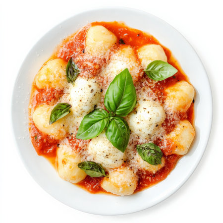 A plate of gnocchi alla sorrentina, featuring soft potato dumplings baked with tomato sauce, mozzarella cheese, and fresh basil, a classic Campanian dish, garnished with a sprinkle of grated parmesan cheese and a drizzle of olive oil, isolated on clean white background.の素材