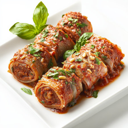 A plate of involtini alla siciliana, featuring thin slices of beef or veal, stuffed with a flavorful mixture of breadcrumbs, garlic, parsley, pecorino romano cheese, pine nuts, and raisins, rolled up and braised in a rich tomato sauce with onions, celery, and white wine, a classic Sicilian dish with a blend of savory and sweet flavors, showing the culinary heritage of the region, arranged elegantly on a white platter and garnished with fresh basil leaves, isolated on clean white background.の素材