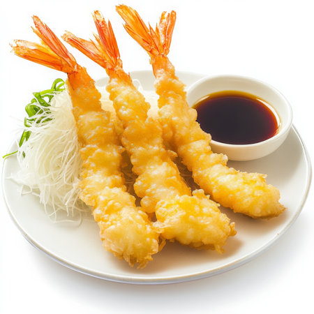 A plate of golden-brown tempura shrimp, delicately battered and deep-fried to a crispy perfection, served with a side of light soy-based dipping sauce and a garnish of shredded daikon radish. A classic Japanese dish that showcases a perfect balance of texture and flavor. Isolated on clean white backgroundの素材