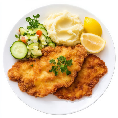 A plate of golden-brown chicken schnitzel, served with a side of buttery mashed potatoes, lemon wedges, and a fresh cucumber salad. A classic European dish. Isolated on clean white backgroundの素材