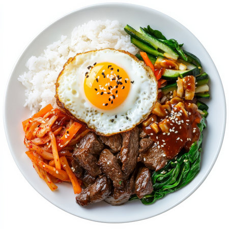 A plate of spicy Korean bibimbap with marinated beef, sautÃÂ©ed vegetables, a fried egg, and gochujang sauce, served over warm steamed rice. Isolated on clean white backgroundの素材