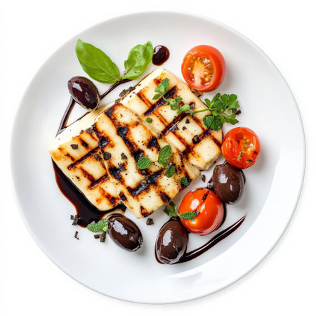 A plate of grilled halloumi cheese, served with cherry tomatoes, olives, and a drizzle of balsamic glaze. A delicious Mediterranean appetizer. Isolated on clean white backgroundの素材