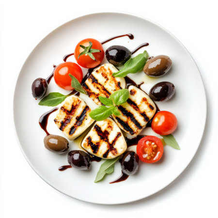 A plate of grilled halloumi cheese, served with cherry tomatoes, olives, and a drizzle of balsamic glaze. A delicious Mediterranean appetizer. Isolated on clean white backgroundの素材