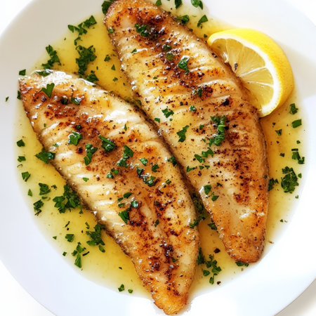A plate of sole MeuniÃÂ¨re, a classic French fish dish, featuring sole fillets, pan-fried in butter, and served with a sauce made from brown butter, lemon juice, and fresh parsley, resulting in a light and elegant seafood preparation, showcasing the delicate flavor of the sole and the simplicity of the sauce, arranged artistically on a white plate, and garnished with a lemon wedge and a sprinkle of chopped parsley, ready to be enjoyed as a refined main course, isolated on a clean white background.の素材