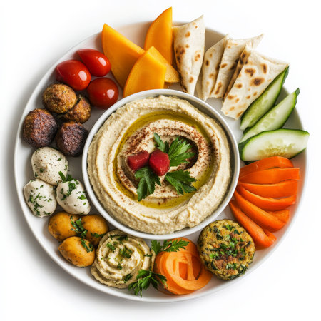 A plate of Mediterranean mezzes, presented with Japanese precision and minimalist aesthetics: Baba ghanoush arranged in a perfect swirl, hummus topped with precisely sliced vegetables, falafel presented as elegant towers, and pita bread cut into geometric shapes, an artful and visually appealing way to serve classic flavors, isolated on a clean white background.の素材