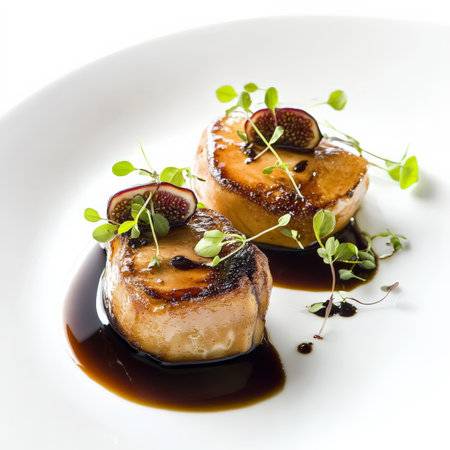 A plate of pan-seared foie gras, served with a fig jam, brioche toast, and a balsamic reduction, garnished with microgreens, highlighting the richness and delicacy of this luxurious ingredient, with a focus on contrasting flavors and textures, perfect for a sophisticated palate, presented artfully, isolated on clean white background.の素材