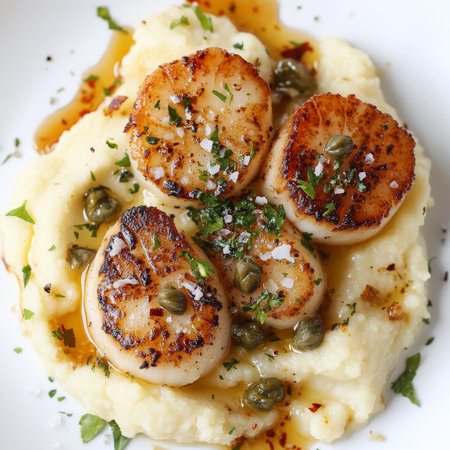 A plate of seared scallops with cauliflower purÃÂ©e and brown butter sauce, featuring tender and caramelized seared scallops, served on a bed of smooth and creamy cauliflower purÃÂ©e, and drizzled with a nutty and aromatic brown butter sauce, infused with lemon juice and capers, resulting in an elegant and flavorful seafood dish, garnished with fresh herbs and a sprinkle of sea salt flakes, and showing the artistry of French cooking techniques, and the refined pairing of ingredients, arranged artistically on a white plate, and ready to be savored as a refined main course, isolated on a clean white background.の素材