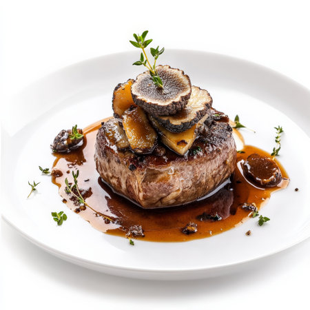 A plate of tournedos Rossini, a beef tenderloin steak topped with foie gras and truffles, served with Madeira sauce, a luxurious and decadent dish, showing the finest ingredients and the culinary expertise, isolated on a clean white background.の素材