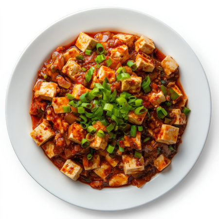 A plate of spicy Sichuan mapo tofu with soft tofu cubes in a rich, spicy chili and fermented bean sauce, garnished with green onions. A bold Chinese dish. Isolated on clean white backgroundの素材