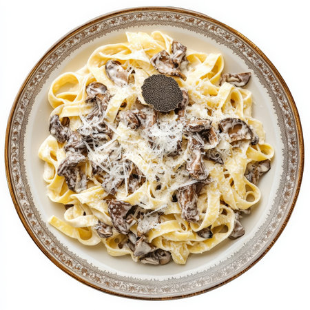 A plate of tagliatelle ai funghi porcini e tartufo, featuring long, flat egg noodles tossed in a rich and creamy sauce made with both porcini mushrooms and truffles, garlic, butter, cream, and parmesan cheese, a luxurious and flavorful pasta dish, garnished with freshly grated parmesan cheese and shaved black truffles, arranged on a plate, isolated on clean white background.の素材