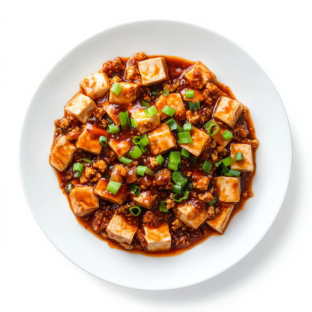 A plate of spicy Sichuan mapo tofu with soft tofu cubes in a rich, spicy chili and fermented bean sauce, garnished with green onions. A bold Chinese dish. Isolated on clean white backgroundの素材