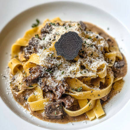 A plate of tagliatelle al ragÃÂ¹ di cinghiale e tartufo, featuring long, flat egg noodles tossed in a rich and flavorful ragÃÂ¹ sauce, made with slow-cooked wild boar meat, red wine, aromatic herbs, and shaved black truffles, resulting in a luxurious and earthy pasta dish, garnished with freshly grated parmesan cheese and shaved black truffles, served in a shallow pasta bowl, showing the richness of the ingredients and the rustic elegance of Italian cuisine, isolated on clean white background.の素材