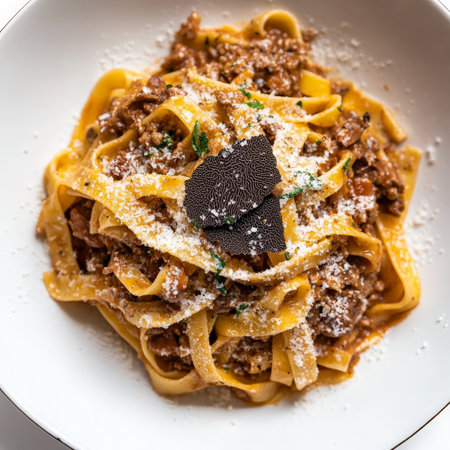 A plate of tagliatelle al ragÃÂ¹ di cinghiale e tartufo, featuring long, flat egg noodles tossed in a rich and flavorful ragÃÂ¹ sauce, made with slow-cooked wild boar meat, red wine, aromatic herbs, and shaved black truffles, resulting in a luxurious and earthy pasta dish, garnished with freshly grated parmesan cheese and shaved black truffles, served in a shallow pasta bowl, showing the richness of the ingredients and the rustic elegance of Italian cuisine, isolated on clean white background.の素材