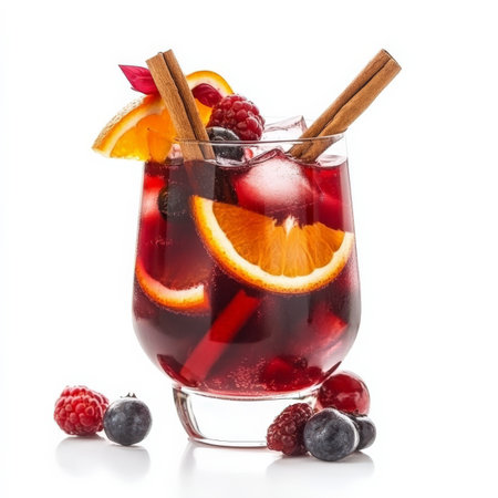 A refreshing glass of sangria with red wine, orange slices, berries, and a splash of brandy, served over ice with a cinnamon stick garnish. A perfect summer drink. Isolated on clean white backgroundの素材
