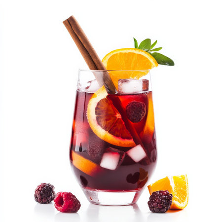 A refreshing glass of sangria with red wine, orange slices, berries, and a splash of brandy, served over ice with a cinnamon stick garnish. A perfect summer drink. Isolated on clean white backgroundの素材