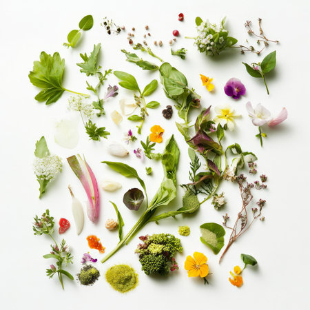 A presentation that mimics nature, with ingredients arranged to resemble a landscape, garden, or other natural element, drawing inspiration from the source of the food and creating an organic feel, isolated on clean white background.の素材