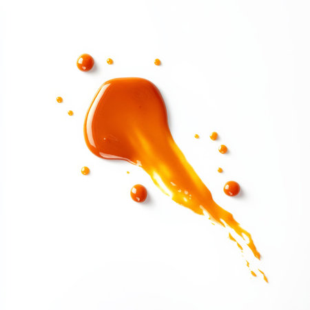 A sauce presented in an unexpected way: perhaps a purÃÂ©e piped into dots or a glaze applied with a brush, showing the innovative use of sauce as an artistic tool, rather than a mere accompaniment, isolated on clean white background.の素材