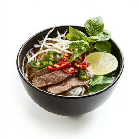 A steaming bowl of Vietnamese pho with tender slices of beef, delicate rice noodles, and a fragrant, slow-simmered broth infused with star anise, cinnamon, and cloves. Served with fresh Thai basil, bean sprouts, lime wedges, and sliced chili peppers for a customizable experience. Isolated on clean white backgroundの素材