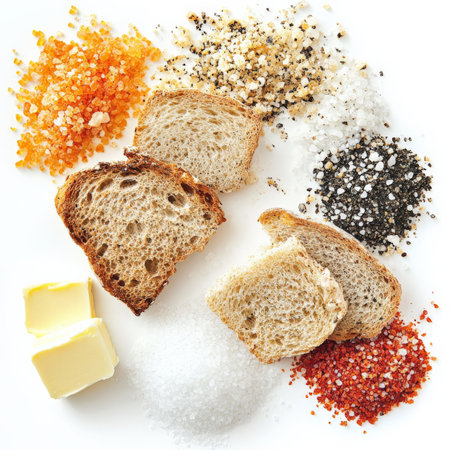 A tasting arrangement of salts from around the world, each with a distinct color and texture, presented with bread and butter, a celebration of the subtle nuances in a fundamental seasoning, isolated on clean white background.の素材