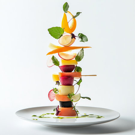 A vertical composition on a plate: ingredients stacked in a visually compelling way, emphasizing height, contrasting colors, and textures, creating a striking and memorable food presentation, isolated on clean white background.の素材