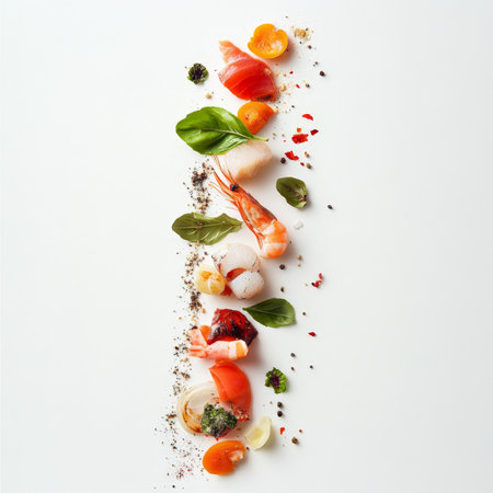 A vertical arrangement of ingredients, perhaps a stack or skewer of alternating colors and textures, creating a sense of dynamic movement and visual intrigue, the artistry of controlling the viewer's eye, isolated on clean white background.の素材