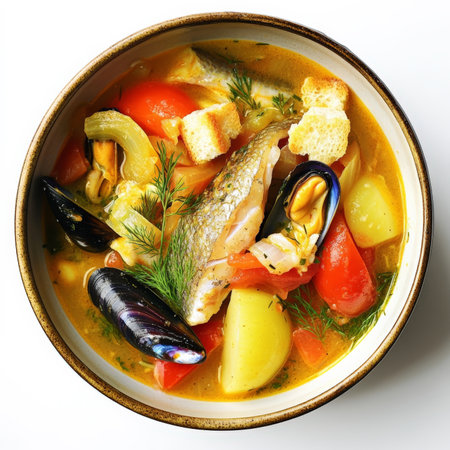 A vibrant bowl of fish soup Ã la Marseillaise, a traditional ProvenÃÂ§al fish stew, made with a variety of fresh fish fillets (such as red mullet, sea bass, and monkfish), shellfish (such as mussels and shrimp), and vegetables (such as tomatoes, onions, and fennel), cooked in a saffron-infused broth with garlic, herbs, and a touch of Pernod liqueur, served with rouille (a garlic and saffron mayonnaise) and crispy croutons for spreading, showing the fresh seafood flavors and the aromatic herbs of the Mediterranean, and representing a culinary journey to the south of France, presented artistically in a rustic bowl, and ready to be devoured with gusto, isolated on a clean white background.の素材