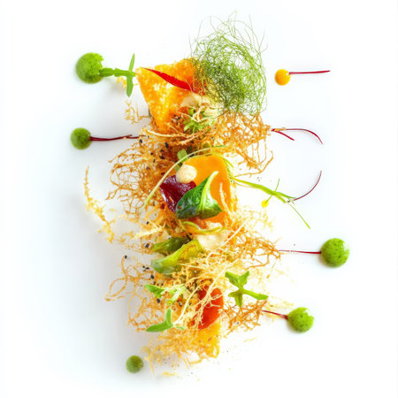 A vegetarian or vegan dish presented with a focus on contrasting textures, perhaps the crispiness of a fried element against the creaminess of a purÃÂ©e, or the chewiness of a grain against the tenderness of roasted vegetables, creating a satisfying and complex mouthfeel, isolated on a clean white background.の素材