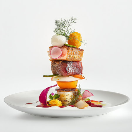A vertical composition on a plate: ingredients stacked in a visually compelling way, emphasizing height, contrasting colors, and textures, creating a striking and memorable food presentation, isolated on clean white background.の素材