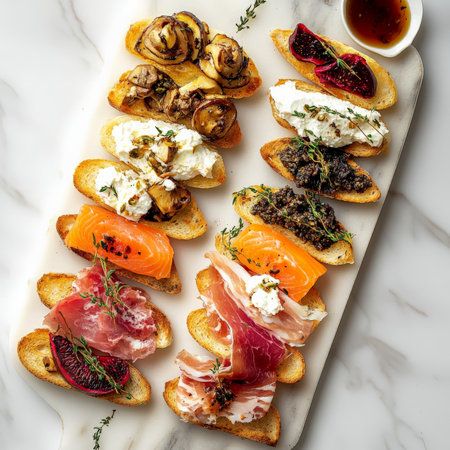 A vibrant platter of assorted crostini with elegant toppings, featuring grilled bread topped with smoked salmon and cream cheese, roasted beet and goat cheese, prosciutto and fig jam, and mushroom and truffle pate, arranged artistically on a marble board, perfect for a sophisticated cocktail party, showing the creativity of Italian cuisine, isolated on clean white background.の素材