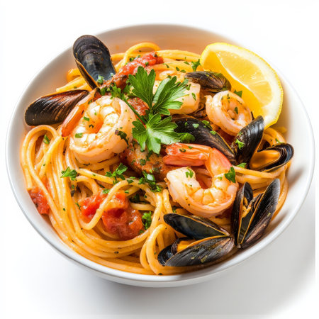 A vibrant bowl of seafood pasta, featuring spaghetti or linguine tossed with a variety of fresh seafood, such as shrimp, mussels, clams, and calamari, in a light tomato or white wine sauce, garnished with fresh parsley and a lemon wedge, isolated on clean white background.の素材