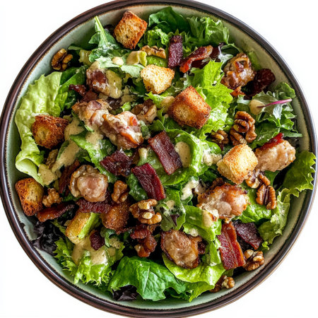 A vibrant bowl of salade aux gÃÂ©siers, a hearty French salad, made with a mix of leafy greens, tender pan-fried chicken gizzards, crispy croutons, bacon lardons, walnuts, and a creamy garlic dressing, resulting in a robust and flavorful dish, reminiscent of a French bistro setting, and perfect for a satisfying lunch or dinner, showing the regional specialties and the satisfying combination of textures and flavors, served in a large salad bowl, and ready to be devoured, isolated on a clean white background.の素材