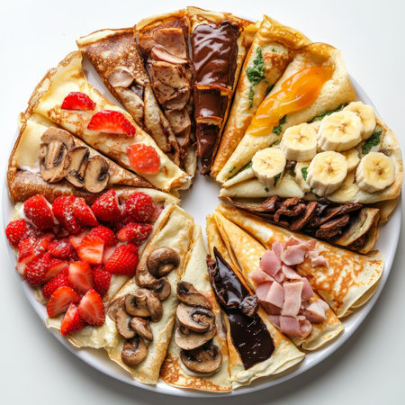 A vibrant platter of assorted mini crÃÂªpes, featuring miniature French pancakes, made from a thin batter of flour, eggs, and milk, and filled with a variety of sweet and savory fillings, such as Nutella, bananas, strawberries, chocolate sauce, ham and cheese, mushrooms and GruyÃÂ¨re, and spinach and ricotta, arranged attractively on a platter, showing the versatility of French cuisine, and the variety of flavors and textures, perfect for a party, or a brunch buffet, and ready to be shared and enjoyed with a glass of cider, or a cup of coffee, isolated on a clean white background.の素材